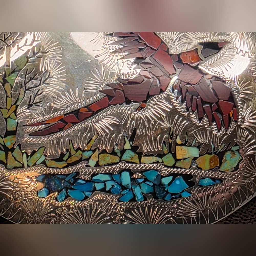 Pheasant/Bird Turquoise Coral Wood Mixed Stone Inlaid Mark HSS Etched BeltBuckle - Picture 2 of 14